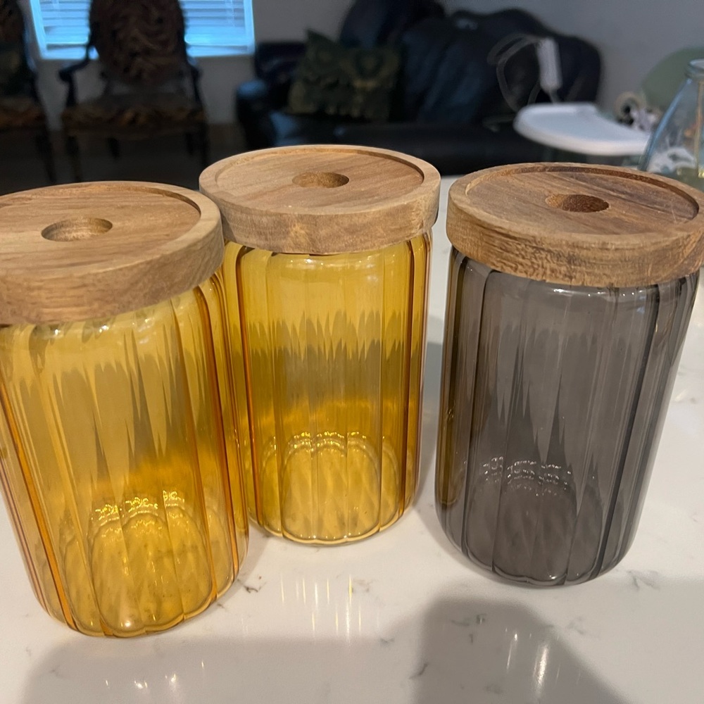 Amber and Smoke Glass Storage Jars with Wooden Lids - Set of 3